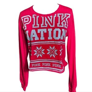 PINK Victoria's Secret Nation Long Sleeve Cropped Red Tee Shirt Top